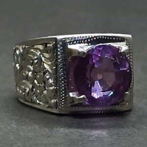 Round Cut 6 Carat Lab Alexandrite Sterling Silver 925, 14k, 18k Gold Handmade Mens Carved Ring