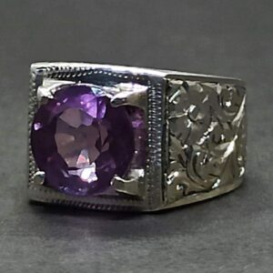 Round Cut 6 Carat Lab Alexandrite Sterling Silver 925, 14k, 18k Gold Handmade Mens Carved Ring