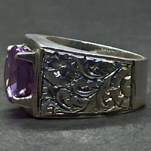 Round Cut 6 Carat Lab Alexandrite Sterling Silver 925, 14k, 18k Gold Handmade Mens Carved Ring