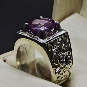 Round Cut 6 Carat Lab Alexandrite Sterling Silver 925, 14k, 18k Gold Handmade Mens Carved Ring