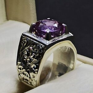 Round Cut 6 Carat Lab Alexandrite Sterling Silver 925, 14k, 18k Gold Handmade Mens Carved Ring