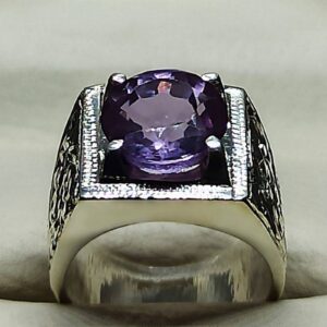 Round Cut 6 Carat Lab Alexandrite Sterling Silver 925, 14k, 18k Gold Handmade Mens Carved Ring