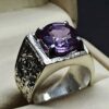 Round Cut 6 Carat Lab Alexandrite Sterling Silver 925, 14k, 18k Gold Handmade Mens Carved Ring