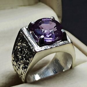 Round Cut 6 Carat Lab Alexandrite Sterling Silver 925, 14k, 18k Gold Handmade Mens Carved Ring