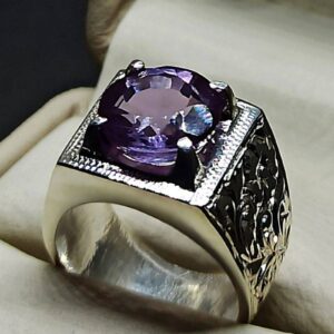 Round Cut 6 Carat Lab Alexandrite Sterling Silver 925, 14k, 18k Gold Handmade Mens Carved Ring