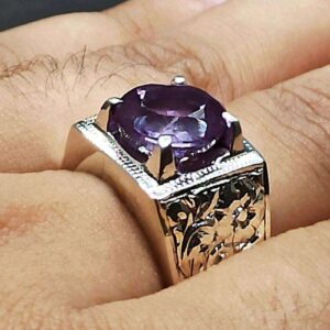 Round Cut 6 Carat Lab Alexandrite Sterling Silver 925, 14k, 18k Gold Handmade Mens Carved Ring