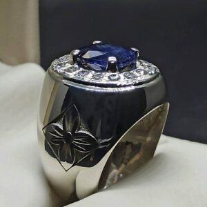 Blue Sapphire Floral Engraved Ring