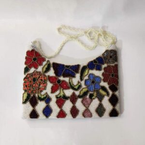 White Handmade Beaded Floral Clutch Bag