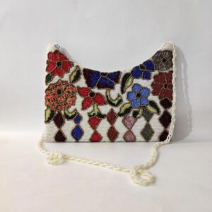 White Handmade Beaded Floral Clutch Bag