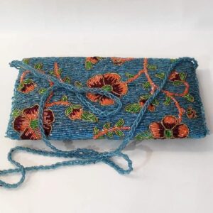 Blue Floral Handmade Beaded Clutch Bag
