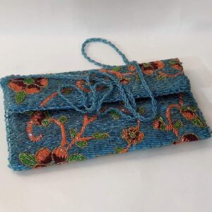 Blue Floral Handmade Beaded Clutch Bag