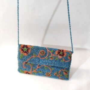 Blue Floral Handmade Beaded Clutch Bag
