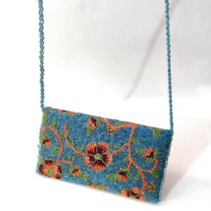 Blue Floral Handmade Beaded Clutch Bag