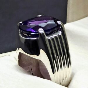 Oval Cut 13 Carat Dark Deep Purple Lab Amethyst Sterling Silver 925, 14k, 18k Gold Handmade Mens Plain Ring