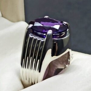 Oval Cut 13 Carat Dark Deep Purple Lab Amethyst Sterling Silver 925, 14k, 18k Gold Handmade Mens Plain Ring