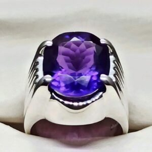 Oval Cut 13 Carat Dark Deep Purple Lab Amethyst Sterling Silver 925, 14k, 18k Gold Handmade Mens Plain Ring