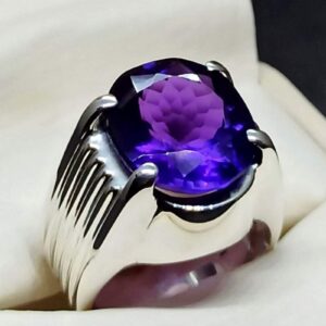 Oval Cut 13 Carat Dark Deep Purple Lab Amethyst Sterling Silver 925, 14k, 18k Gold Handmade Mens Plain Ring