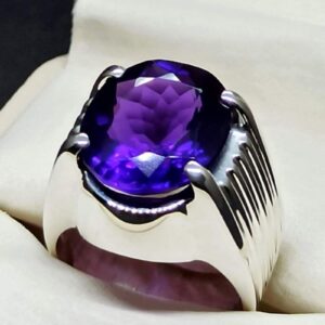 Oval Cut 13 Carat Dark Deep Purple Lab Amethyst Sterling Silver 925, 14k, 18k Gold Handmade Mens Plain Ring