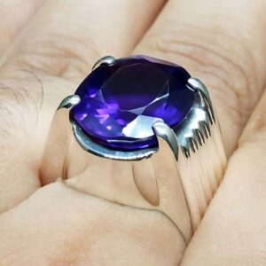 Oval Cut 13 Carat Dark Deep Purple Lab Amethyst Sterling Silver 925, 14k, 18k Gold Handmade Mens Plain Ring