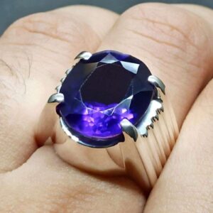 Oval Cut 13 Carat Dark Deep Purple Lab Amethyst Sterling Silver 925, 14k, 18k Gold Handmade Mens Plain Ring