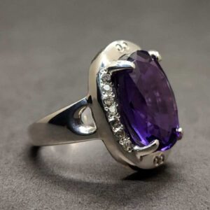 Oval Cut 13 Carat Dark Deep Purple Lab Amethyst Sterling Silver 925, 14k, 18k Gold Handmade Women Anniversary Ring