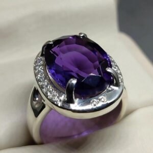 Oval Cut 13 Carat Dark Deep Purple Lab Amethyst Sterling Silver 925, 14k, 18k Gold Handmade Women Anniversary Ring