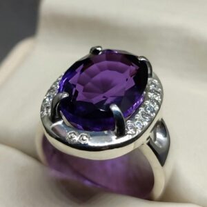 Oval Cut 13 Carat Dark Deep Purple Lab Amethyst Sterling Silver 925, 14k, 18k Gold Handmade Women Anniversary Ring