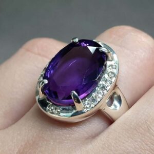 Oval Cut 13 Carat Dark Deep Purple Lab Amethyst Sterling Silver 925, 14k, 18k Gold Handmade Women Anniversary Ring
