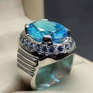 Blue Topaz Sterling Silver Men’s Ring with Sapphire