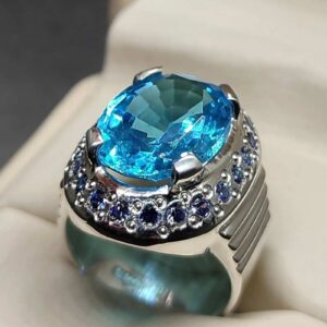 Blue Topaz Sterling Silver Men’s Ring with Sapphire