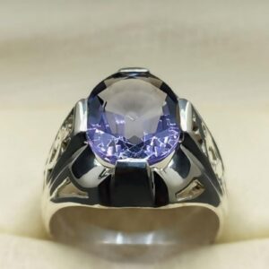Oval Cut 10 Carat Deep Purple Lab Amethyst Sterling Silver 925, 14k, 18k Gold Handmade Mens Lattice Ring