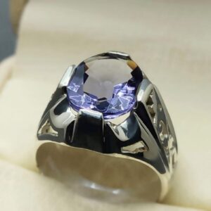 Oval Cut 10 Carat Deep Purple Lab Amethyst Sterling Silver 925, 14k, 18k Gold Handmade Mens Lattice Ring