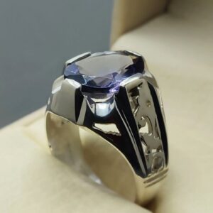 Oval Cut 10 Carat Deep Purple Lab Amethyst Sterling Silver 925, 14k, 18k Gold Handmade Mens Lattice Ring