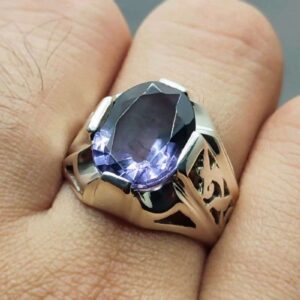 Oval Cut 10 Carat Deep Purple Lab Amethyst Sterling Silver 925, 14k, 18k Gold Handmade Mens Lattice Ring