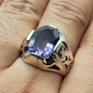 Oval Cut 10 Carat Deep Purple Lab Amethyst Sterling Silver 925, 14k, 18k Gold Handmade Mens Lattice Ring