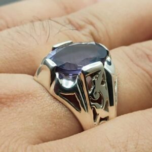 Oval Cut 10 Carat Deep Purple Lab Amethyst Sterling Silver 925, 14k, 18k Gold Handmade Mens Lattice Ring
