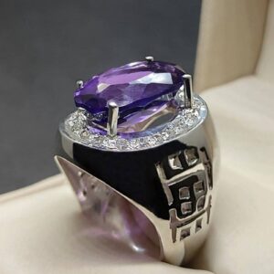 Oval Cut 18 Carat Deep Purple Lab Amethyst Sterling Silver 925, 14k, 18k Gold Handmade Mens Lattice Ring