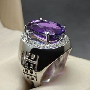 Oval Cut 18 Carat Deep Purple Lab Amethyst Sterling Silver 925, 14k, 18k Gold Handmade Mens Lattice Ring