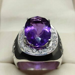Oval Cut 18 Carat Deep Purple Lab Amethyst Sterling Silver 925, 14k, 18k Gold Handmade Mens Lattice Ring