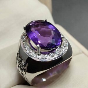 Oval Cut 18 Carat Deep Purple Lab Amethyst Sterling Silver 925, 14k, 18k Gold Handmade Mens Lattice Ring