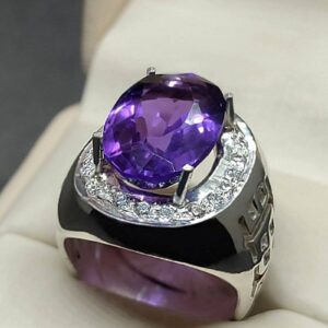Oval Cut 18 Carat Deep Purple Lab Amethyst Sterling Silver 925, 14k, 18k Gold Handmade Mens Lattice Ring