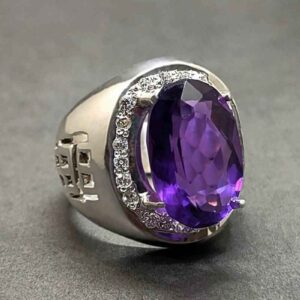 Oval Cut 18 Carat Deep Purple Lab Amethyst Sterling Silver 925, 14k, 18k Gold Handmade Mens Lattice Ring