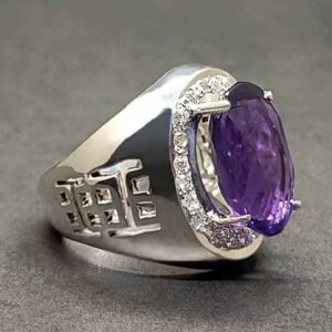 Oval Cut 18 Carat Deep Purple Lab Amethyst Sterling Silver 925, 14k, 18k Gold Handmade Mens Lattice Ring