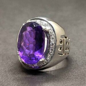 Oval Cut 18 Carat Deep Purple Lab Amethyst Sterling Silver 925, 14k, 18k Gold Handmade Mens Lattice Ring