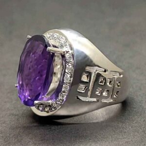Oval Cut 18 Carat Deep Purple Lab Amethyst Sterling Silver 925, 14k, 18k Gold Handmade Mens Lattice Ring