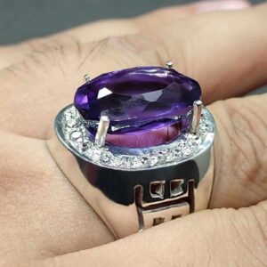 Oval Cut 18 Carat Deep Purple Lab Amethyst Sterling Silver 925, 14k, 18k Gold Handmade Mens Lattice Ring