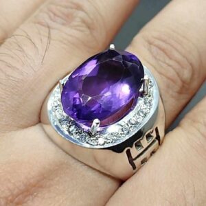 Oval Cut 18 Carat Deep Purple Lab Amethyst Sterling Silver 925, 14k, 18k Gold Handmade Mens Lattice Ring