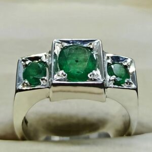 Natural 4 Carat Zambian Emerald Men’s Three Stone Ring