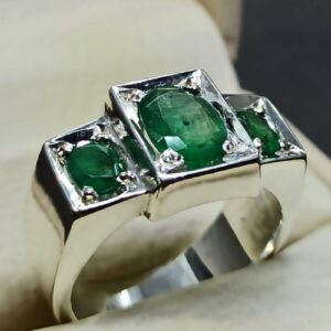 Natural 4 Carat Zambian Emerald Men’s Three Stone Ring
