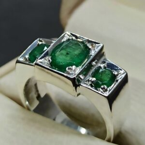 Natural 4 Carat Zambian Emerald Men’s Three Stone Ring